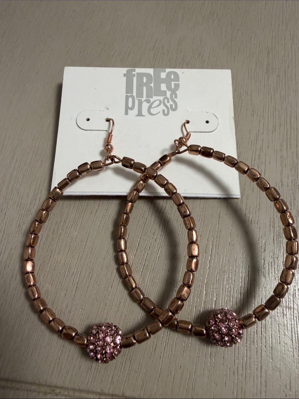 Free Press Rose Gold Beaded Hoop Earrings Pink Rhinestone Disco Ball Bauble NWT